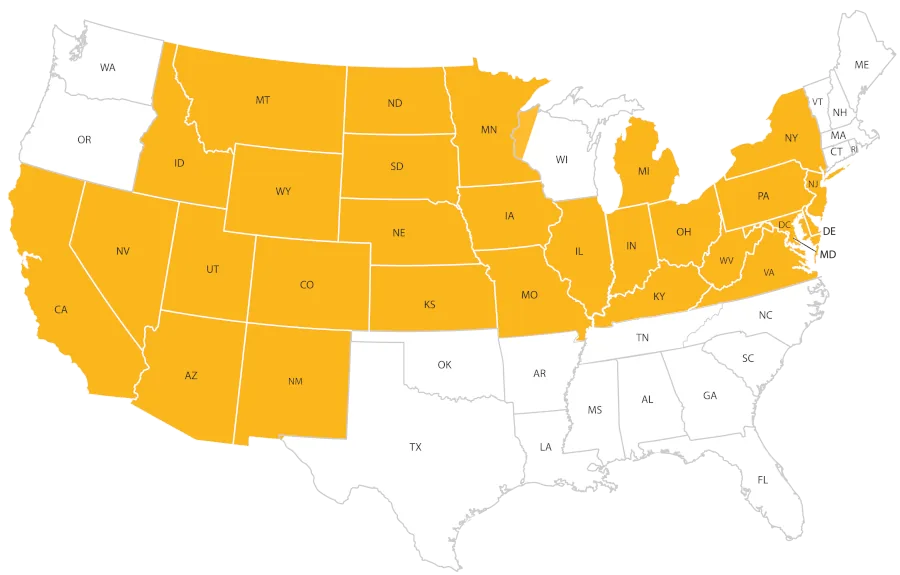 A map of the United States with northern and central states shaded in yellow—WA, OR, ID, MT, WY, ND, SD, NE, MN, IA, WI, MI, NY, PA, NJ, OH, IN, IL, MO, KS—shows where to find my foodservice rep; other states are white.
